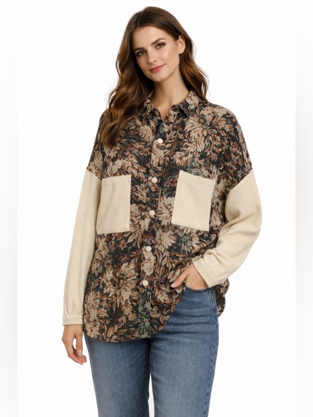 POL Floral Patchwork Button‎ Up Shacket Oversized Small